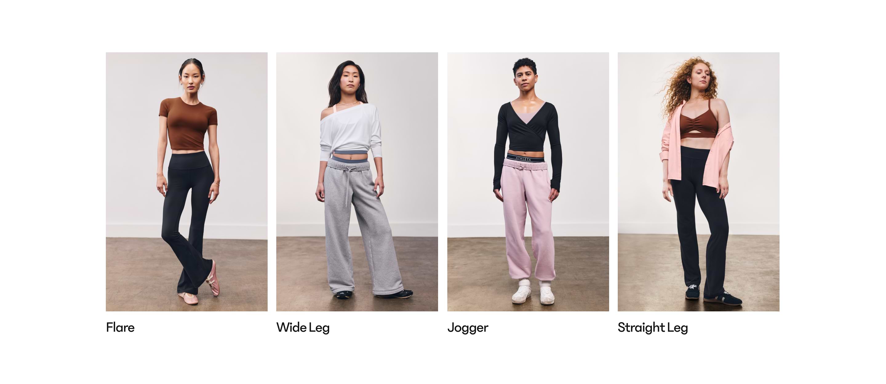 Four side-by-side studio photos show pant fits: Flare (black), Wide Leg (gray), Jogger (pink), and Straight Leg (black).