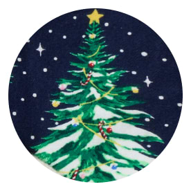 Illustrated Christmas tree with star and ornaments against a snowy night sky.
