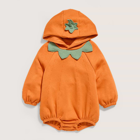 Orange baby romper with hood, styled like a pumpkin with a green leaf collar and hood detail.