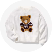 Girls white crew-neck sweatshirt with teddy bear graphic.
