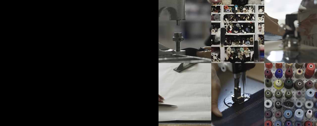 Collage of a sewing workshop—machines stitching, pattern cutting, fabric rolls, and colorful thread spools.