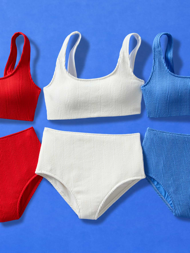 Image of three two-piece bathing suits in red, white and blue.