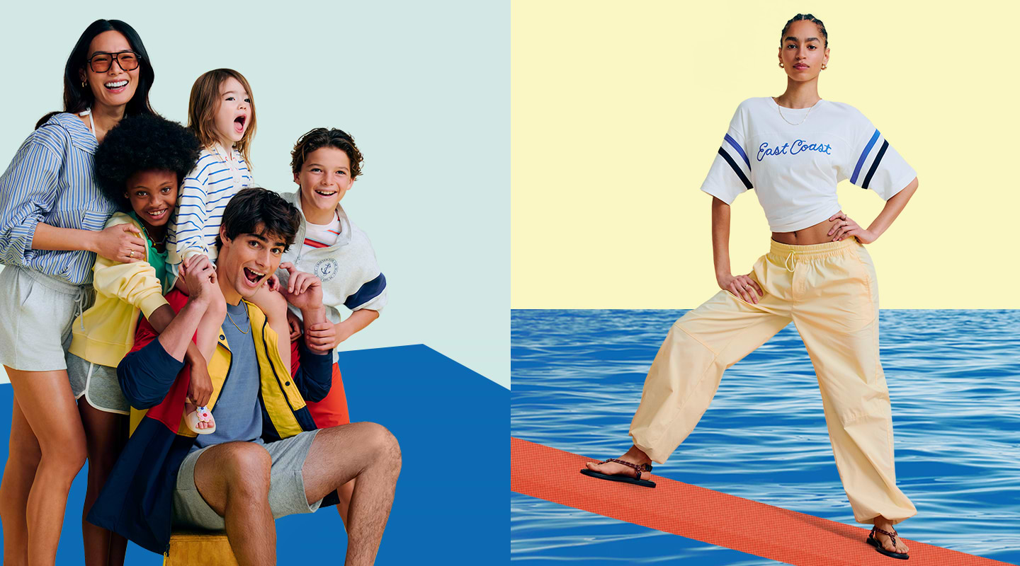 Coastal looks on deck. Comfy fleece and stripey sportswear for going places. Shop spring break.