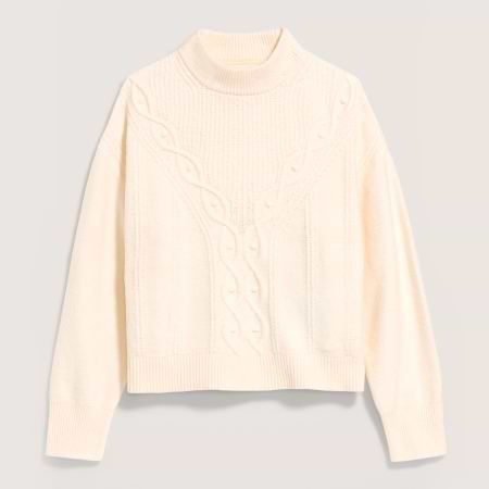 Ivory cable-knit mock-neck sweater with long sleeves and ribbed edges.