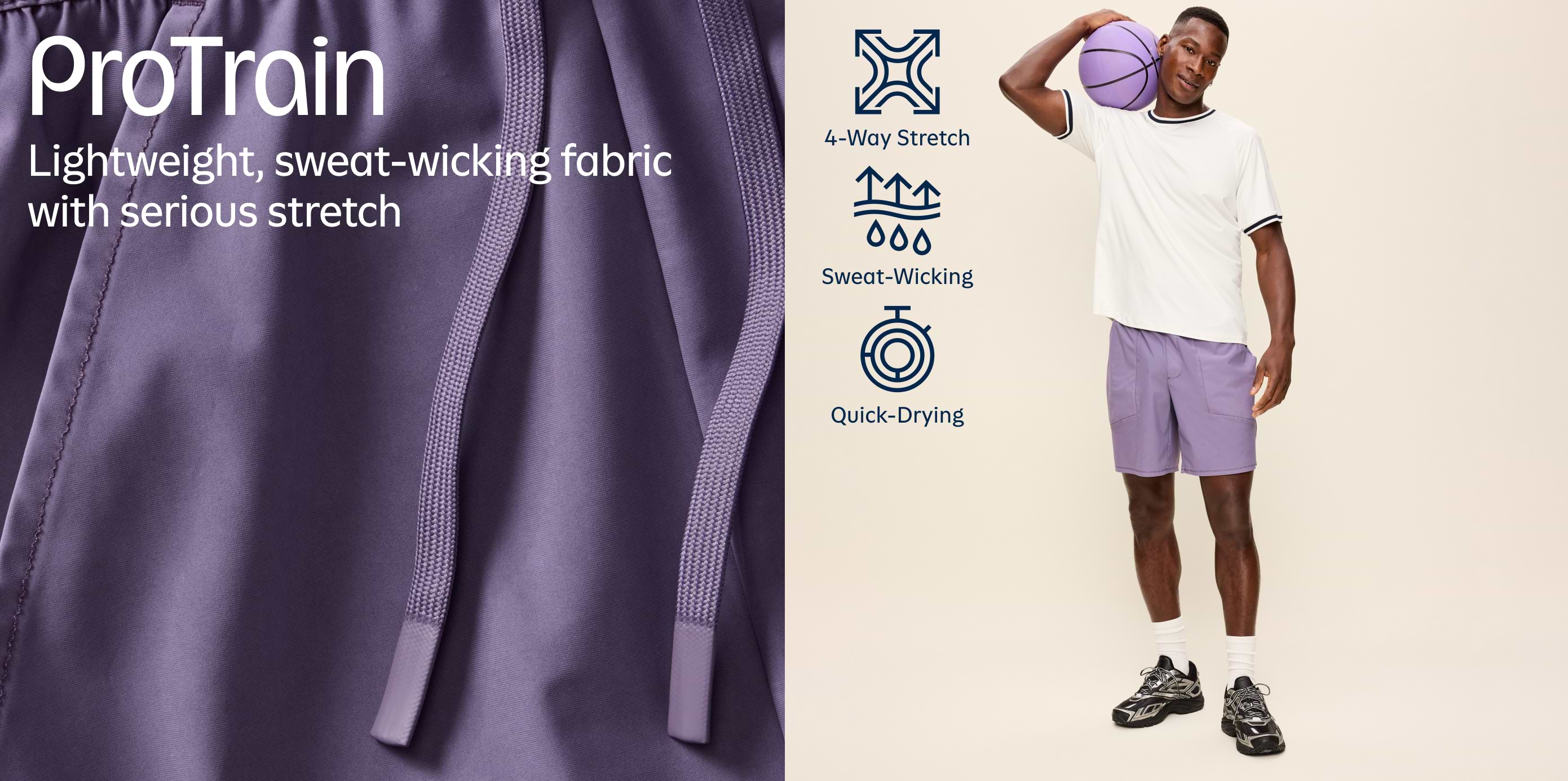 Ad for “Bounce Fleece”: a model wears a brown quarter‑zip pullover with a kangaroo pocket, alongside a close-up of the smooth fabric. Text highlights fleece, travel-friendly, ultra soft, and shape-retaining spacer fabric.