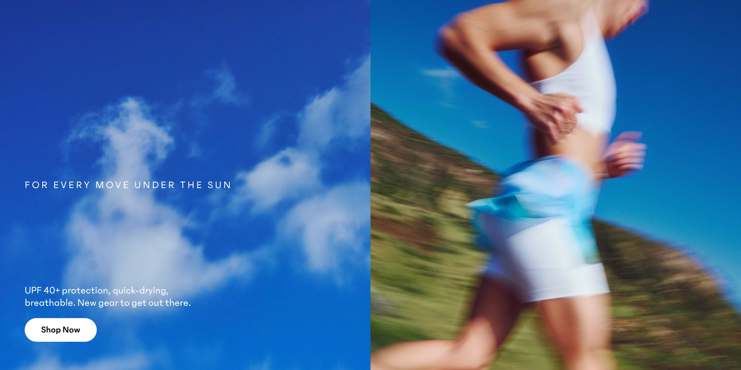 Split image with blue sky and clouds on the left; motion‑blurred runner in white activewear on the right.