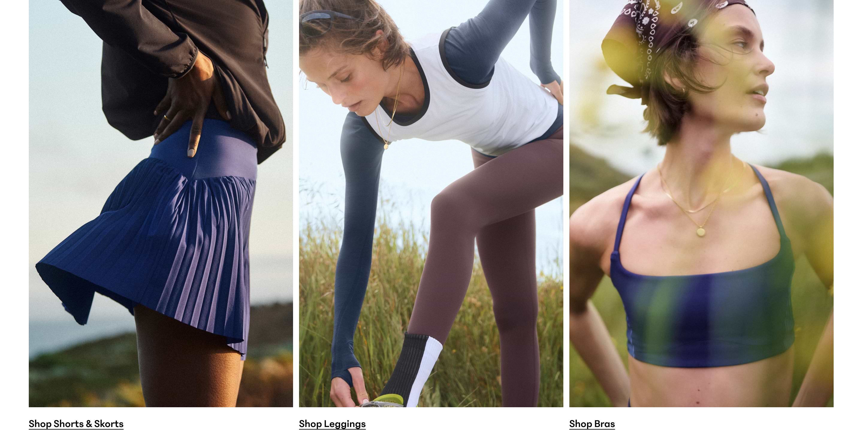 Three side-by-side outdoor photos of athletic wear: a pleated blue skort, maroon leggings on a woman stretching, and a blue sports bra.