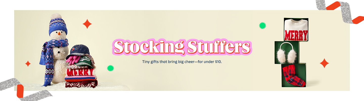 Banner reading “Top Gifts—Holiday hits for everyone on your nice list,” with folded clothes stacked like a Christmas tree on the left and cozy jackets on the right, one holding a green present.