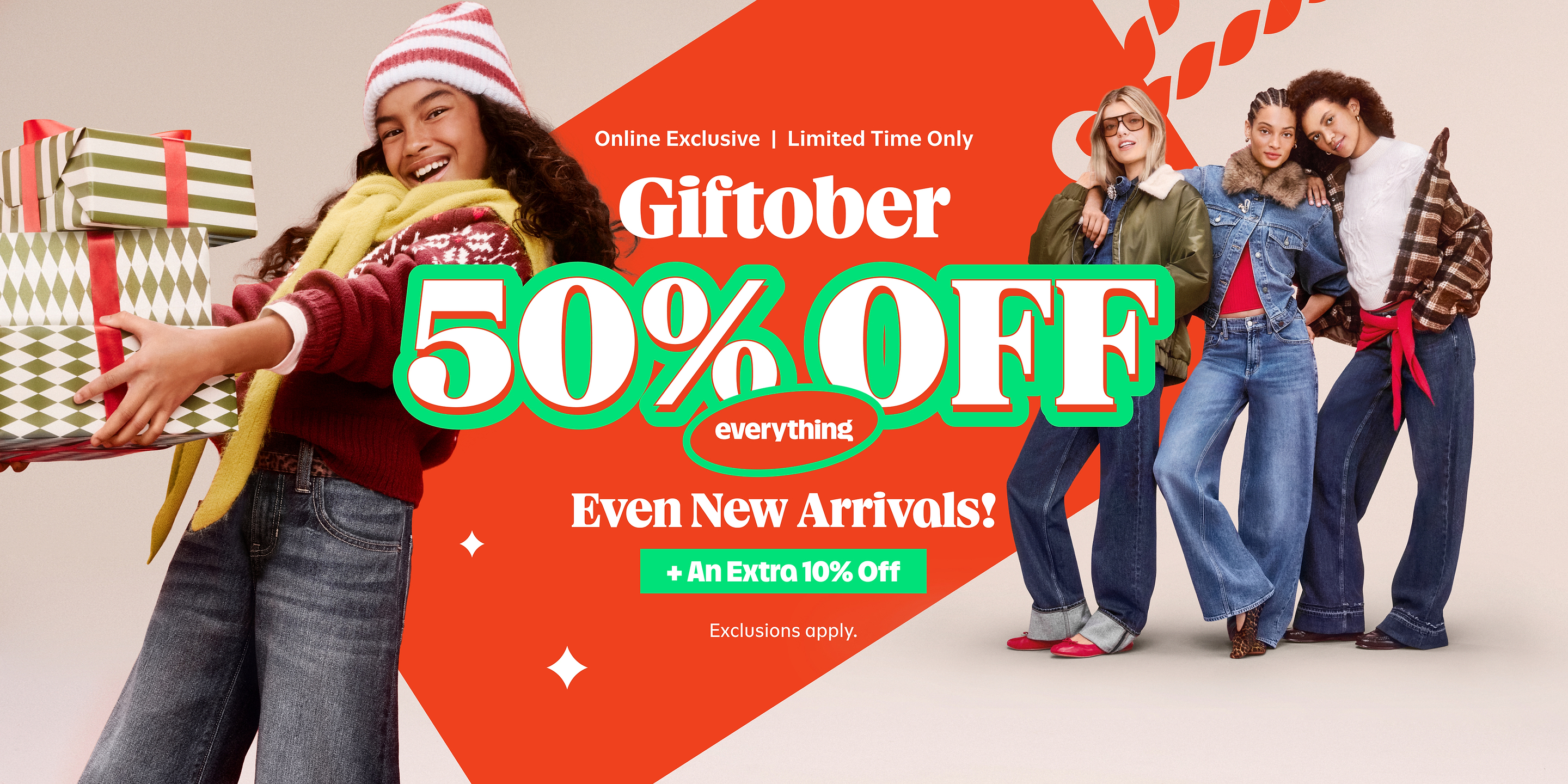 Giftober sale banner: 50% off everything, even new arrivals, plus an extra 10% off; online exclusive, limited time; exclusions apply.