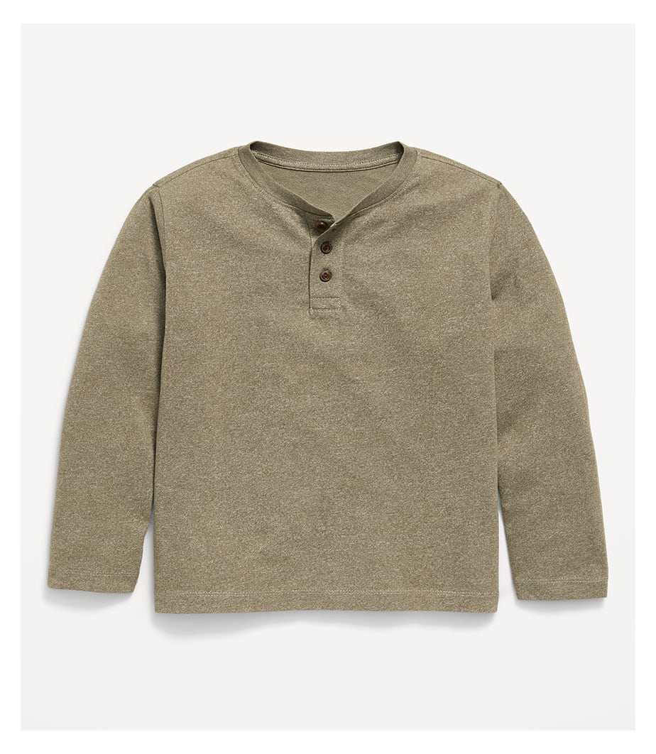 Olive heather long-sleeve Henley shirt with a three-button placket, laid flat on a white background.