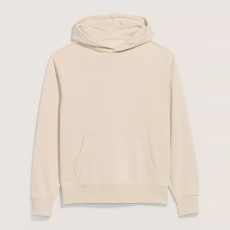 Off-white pullover hoodie with a front kangaroo pocket.
