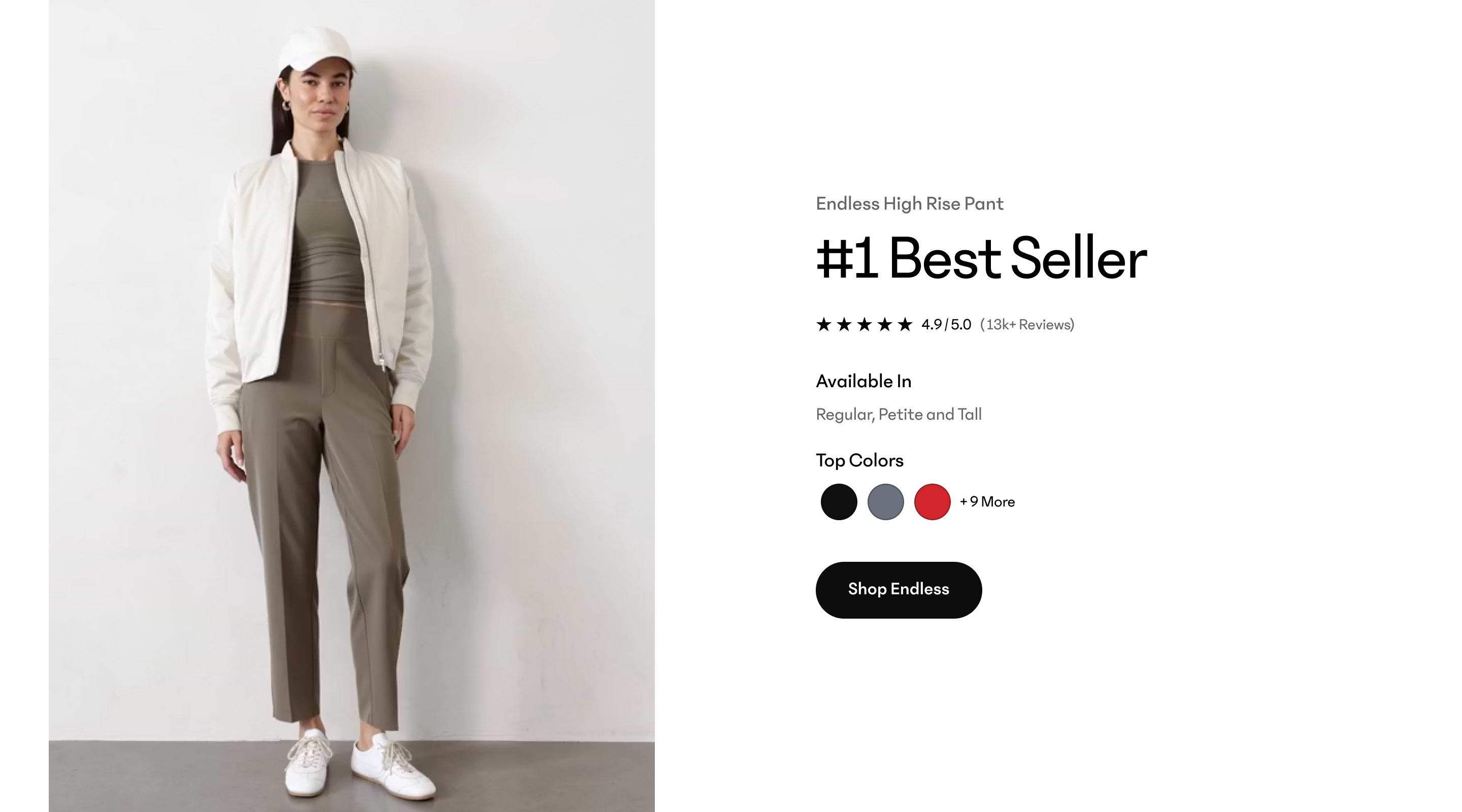 Endless High Rise Pant in taupe, styled with white jacket and sneakers.