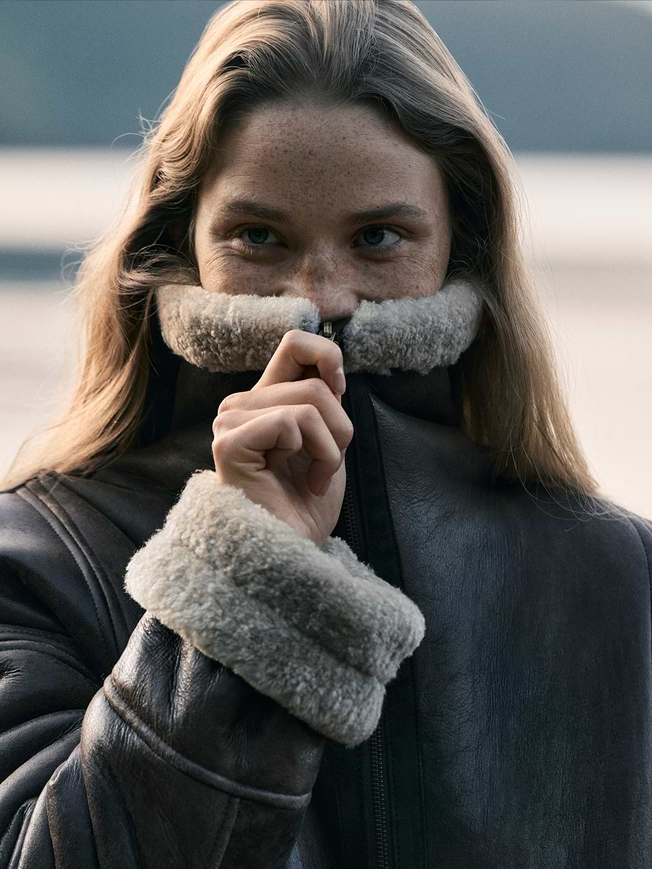 Person in a forest wearing an olive quilted jacket, holding a stick and looking off to the side.