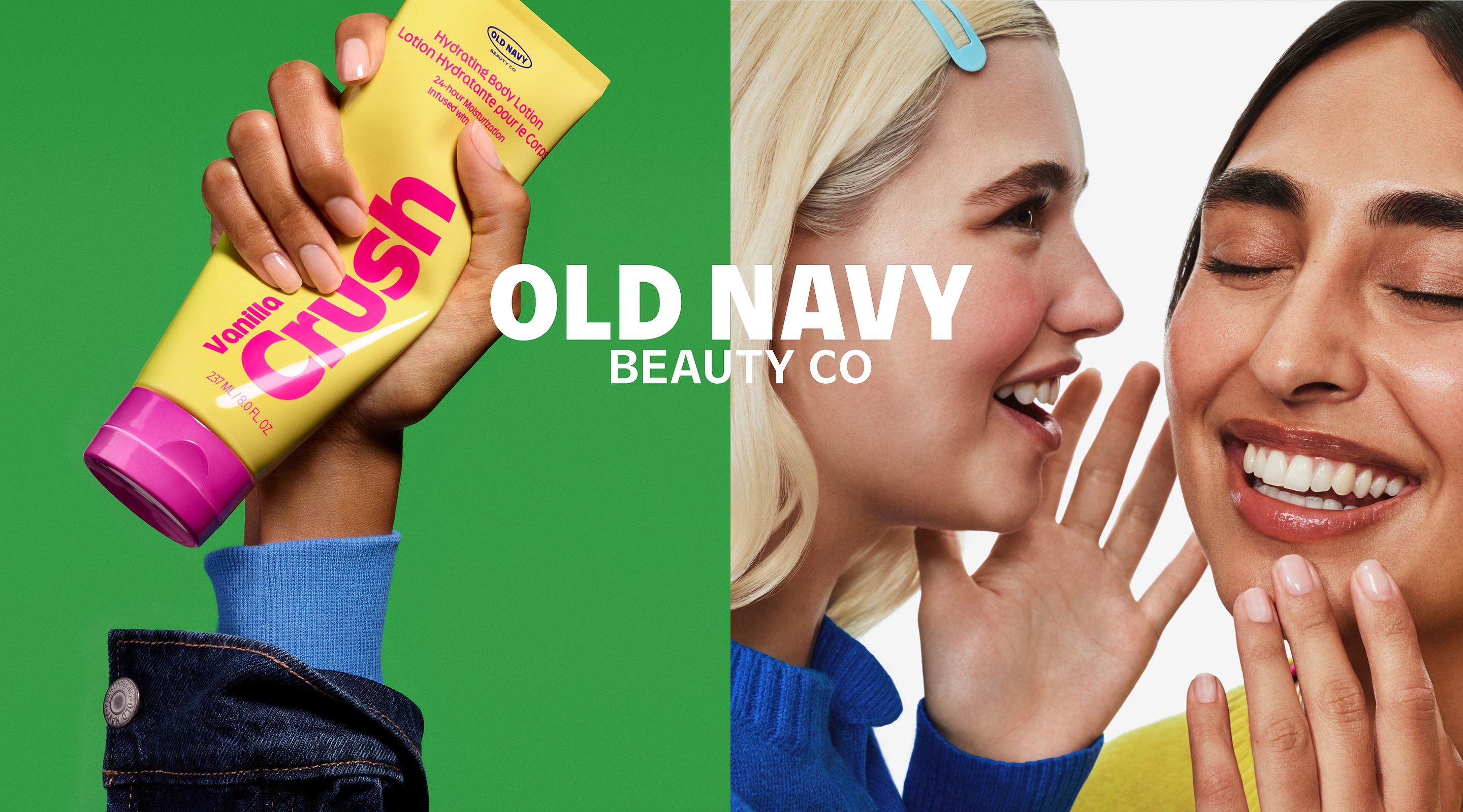 Hand holds a yellow “Vanilla Crush” body lotion; two people smile as one whispers; “OLD NAVY BEAUTY CO” text in center.
