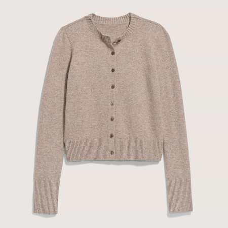 Heathered beige crewneck cardigan with button front, long sleeves, and ribbed cuffs and hem.