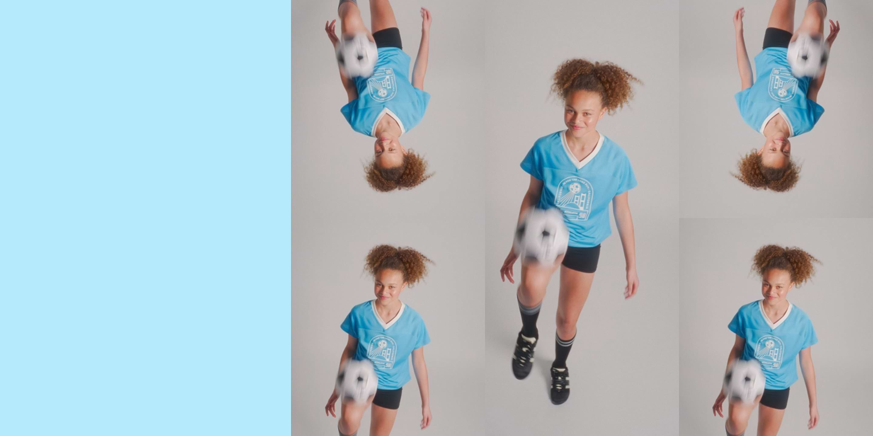 Collage of a girl in a blue soccer jersey juggling a soccer ball on a light background.