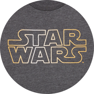 Gray T-shirt featuring the “STAR WARS” logo in white outlined with yellow.