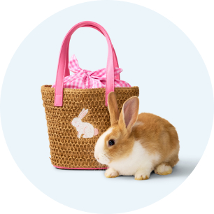 Image of an Old Navy woven straw tote with pink gingham lining and a white bunny graphic, next to a small brown-and-white rabbit.