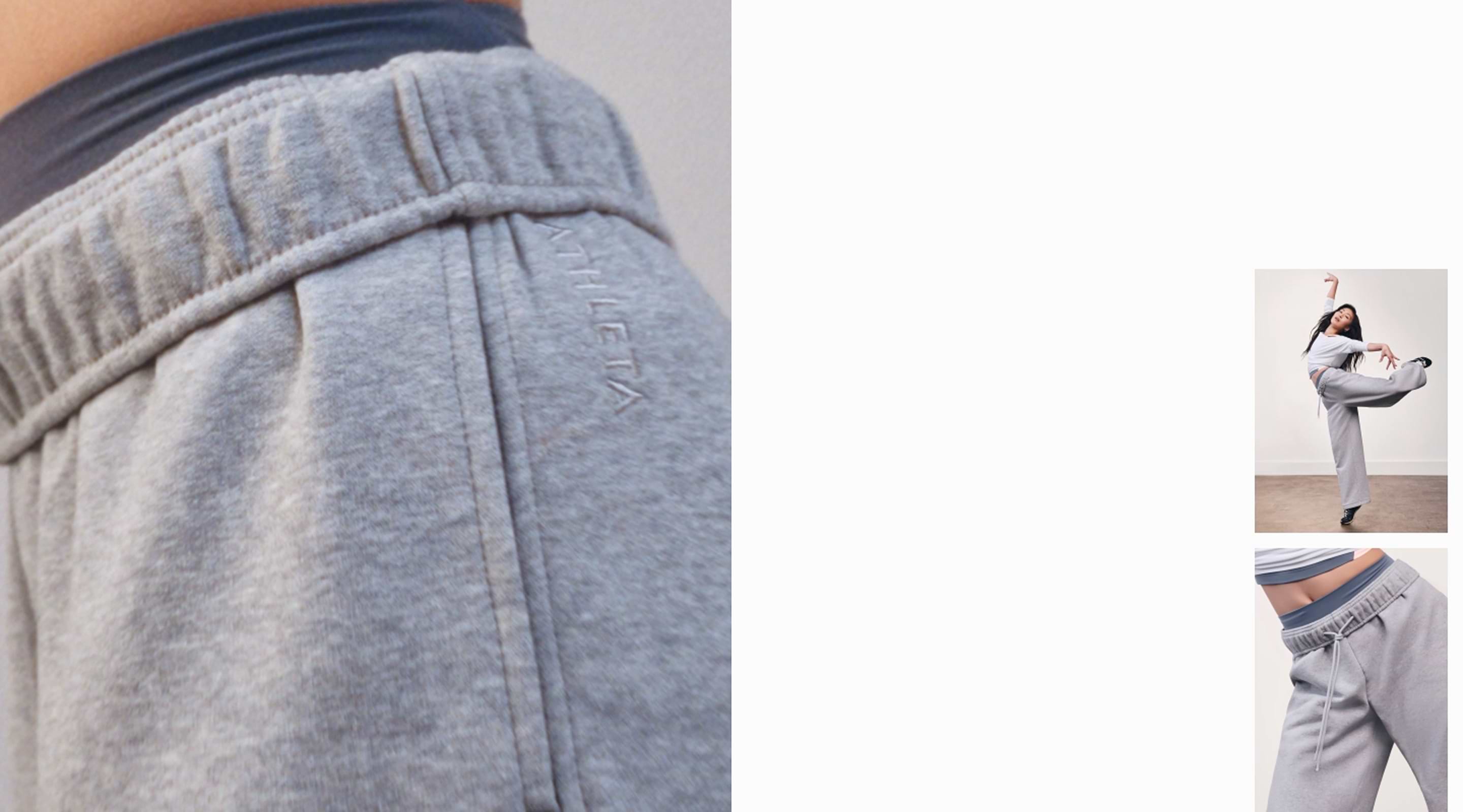 Gray wide‑leg sweatpants with elastic drawstring waistband, shown close‑up and worn.