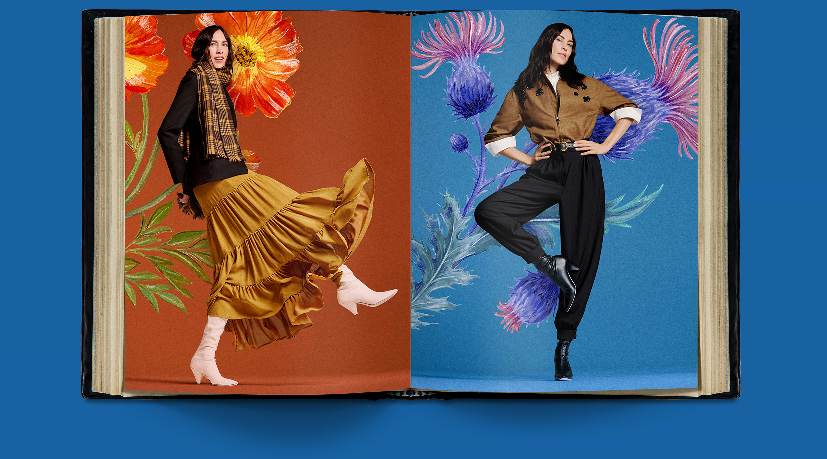 Open book spread with two fashion portraits: left, woman in a mustard ruffled skirt on an orange floral background; right, woman in tan top and black pants on a blue floral background.