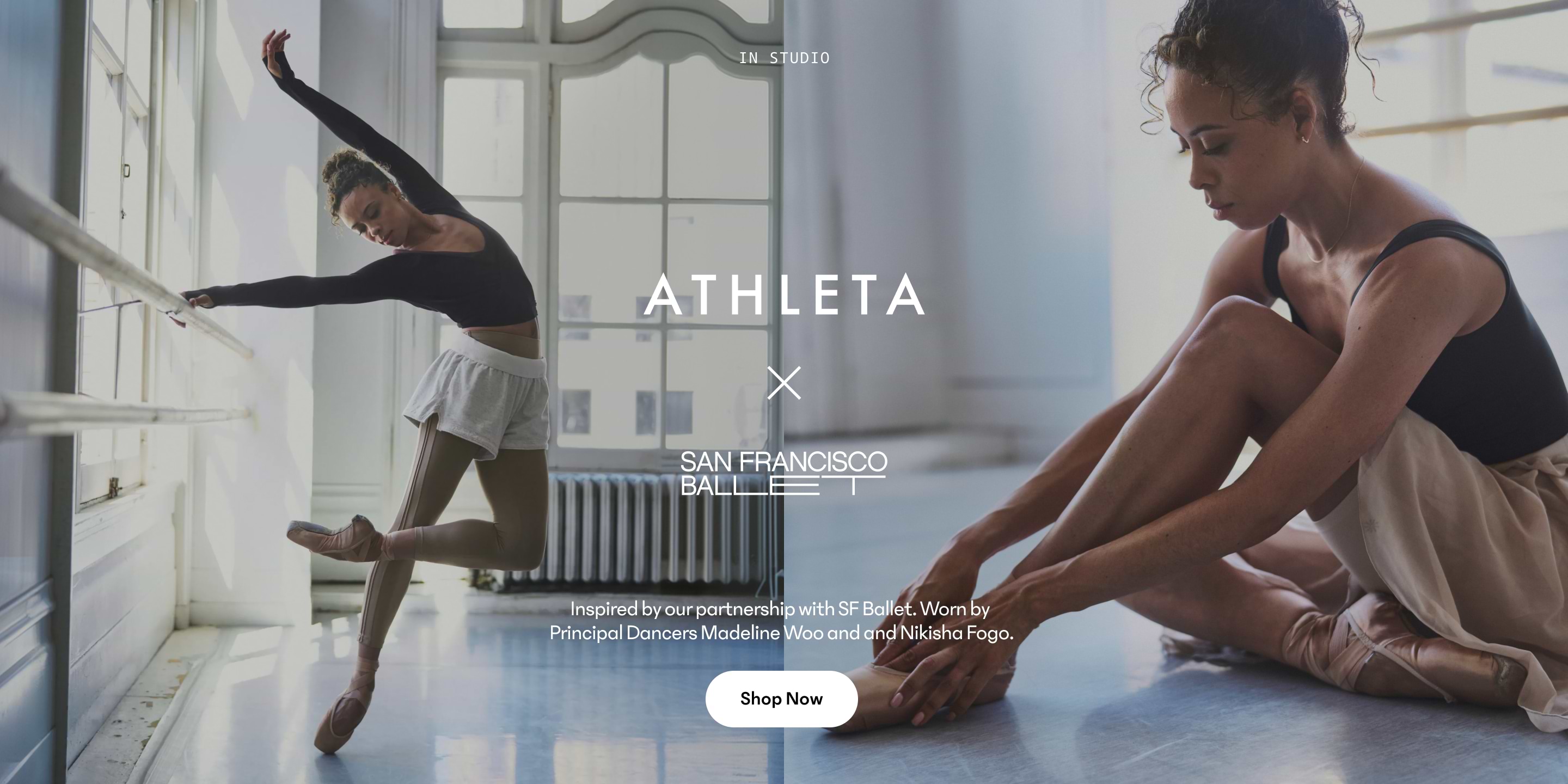 Two ballet dancers in a sunlit studio—one seated stretching in pointe shoes, one practicing at the barre—with overlaid text “ATHLETA × San Francisco Ballet” and a “Shop Now” button.