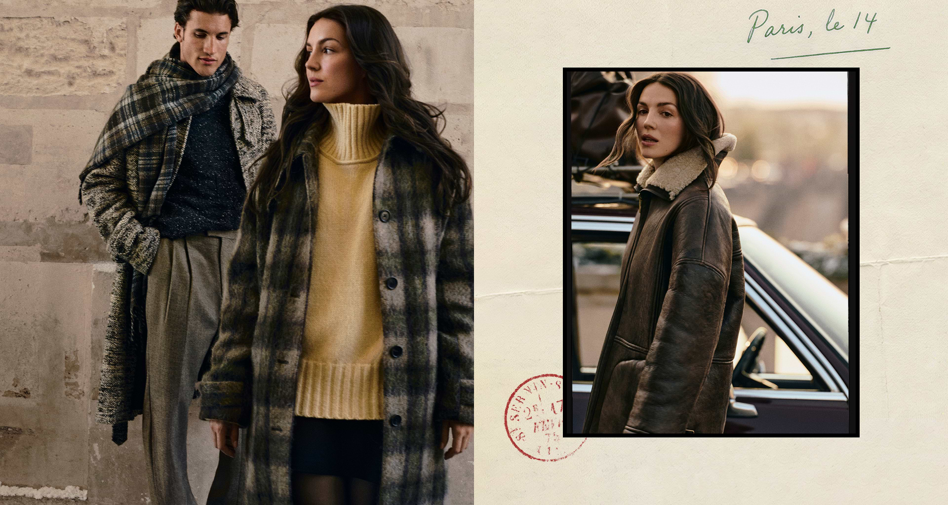 Two people in winter fashion by a stone wall—plaid coat, turtleneck, and scarfed coat; inset shows a woman in a shearling leather jacket by a car with “Paris” written.