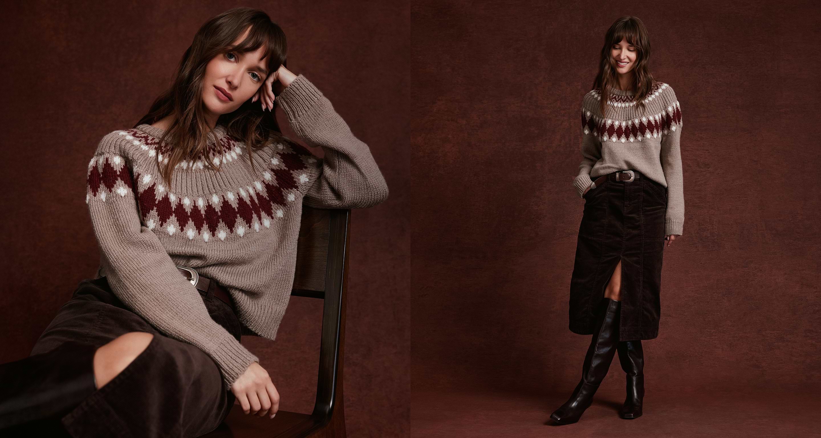 Side-by-side photos of a person wearing a taupe fair isle sweater, dark brown corduroy midi skirt with a front slit, and black knee-high boots against a brown backdrop.