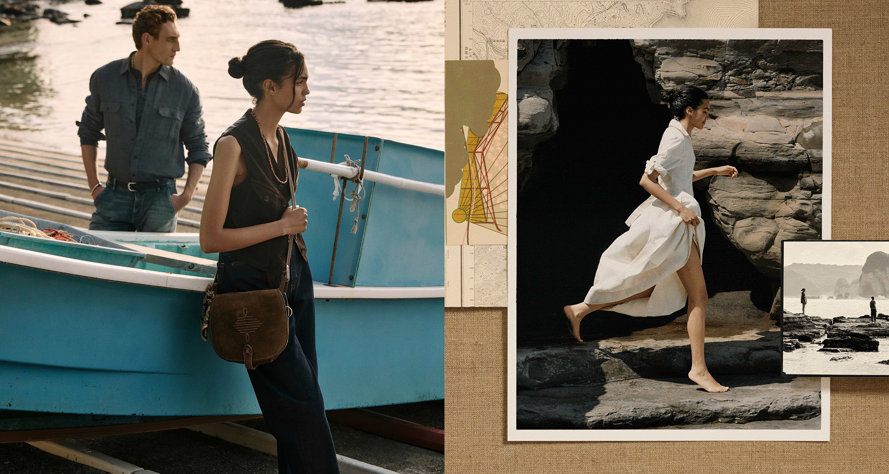 Split scene: at a dock, two people stand by a turquoise boat; beside it, a framed photo shows a barefoot woman in a white dress walking on seaside rocks.
