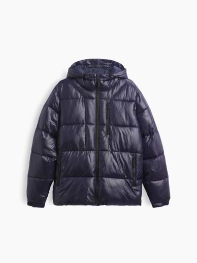 a blue puffy jacket with a hood on it