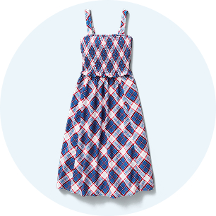 Red, white and blue plaid dress.