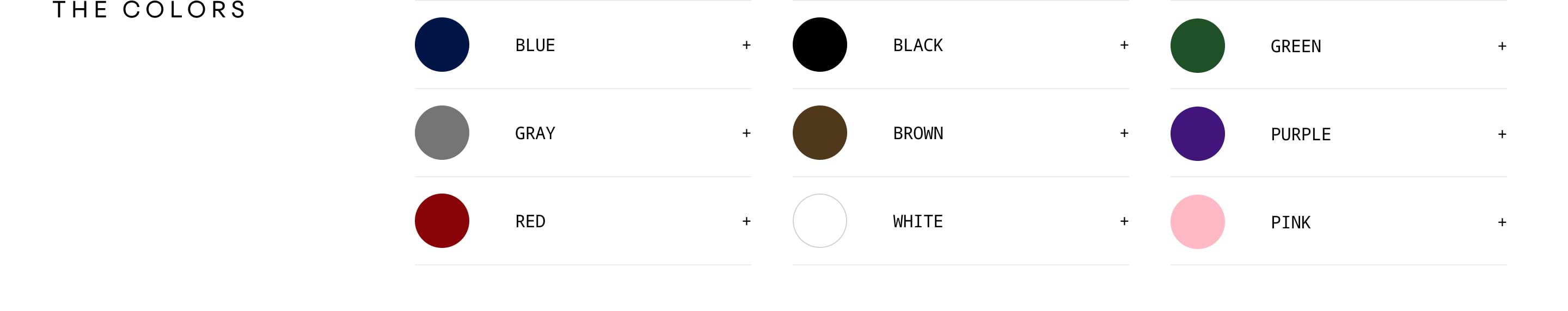 List of color options with circular swatches: blue, gray, red, black, brown, white, green, purple, and pink.