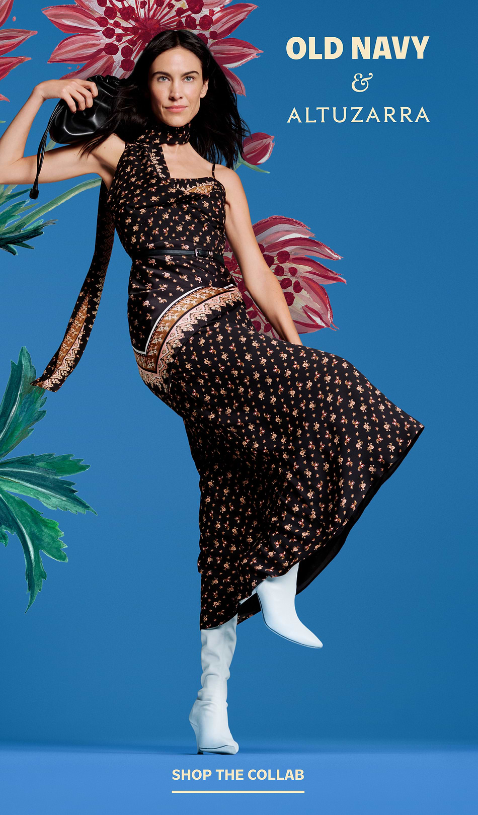 Alt text: Smiling girl in a blue floral dress holds an adult’s hand against a blue backdrop; Old Navy x Altuzarra ad.