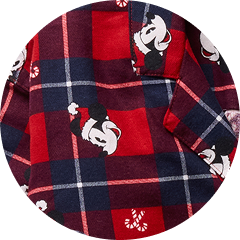 Red and navy plaid flannel with Mickey Mouse in a Santa hat and small candy cane prints.