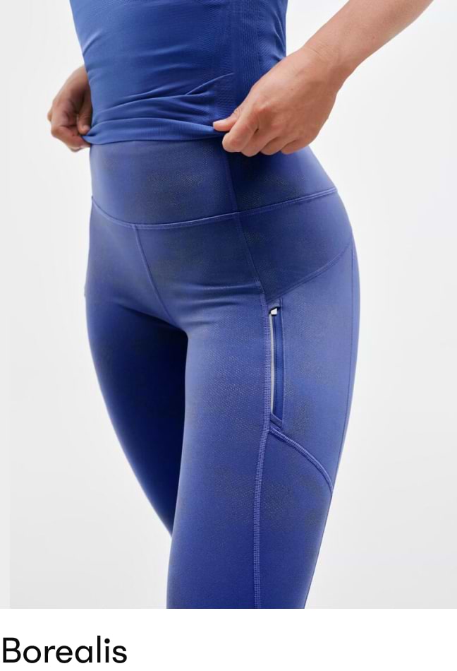 Close-up of a person wearing high‑waisted blue leggings with a side zip pocket, color Borealis.