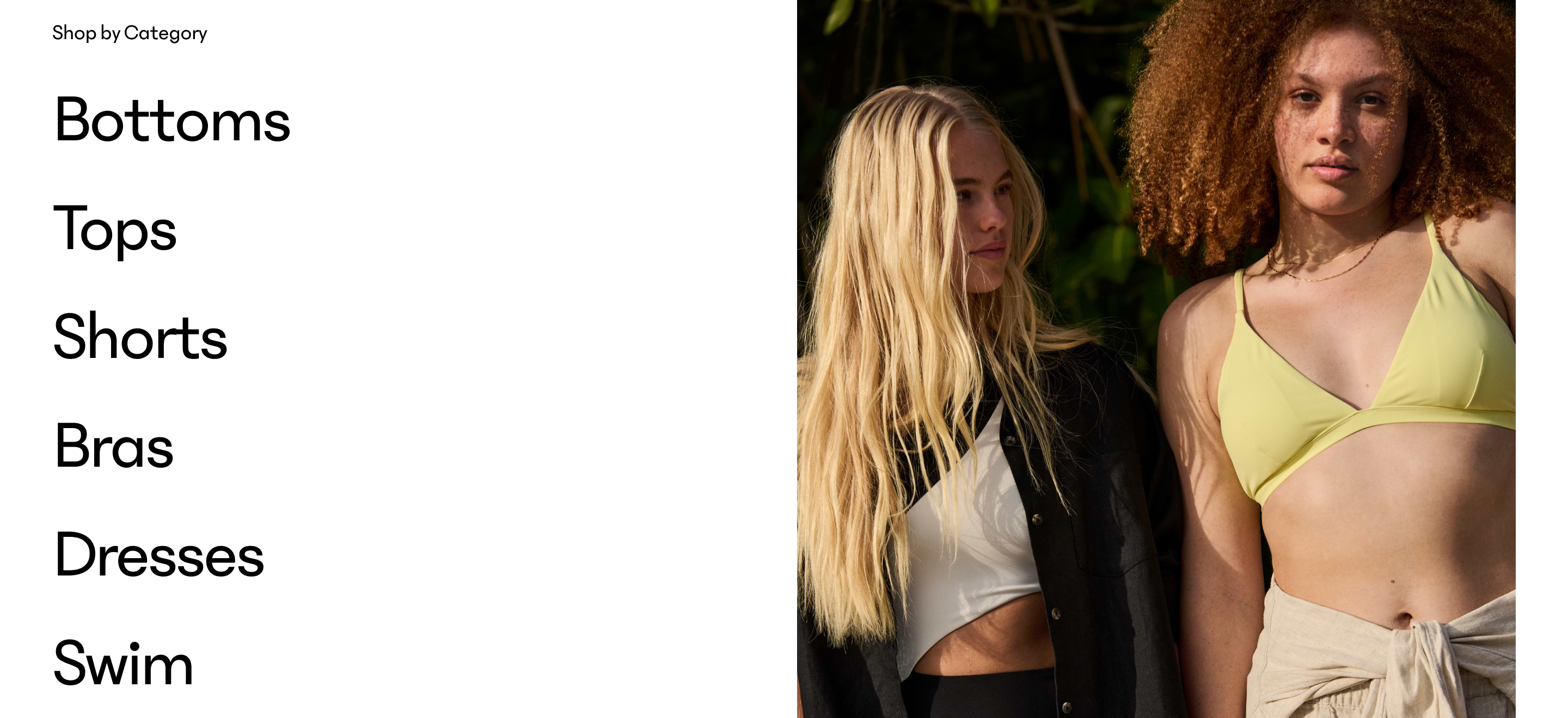 Shop by Category page with links for Bottoms, Tops, Shorts, Bras, Dresses, and Swim beside two people in summer apparel—one in a yellow bikini top with beige wrap, the other in a white crop top and black overshirt.