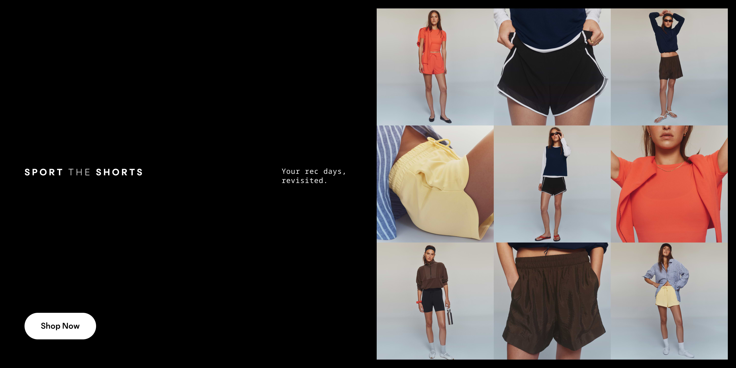Promo collage of models in sporty shorts; text reads “Sport the Shorts. Your rec days, revisited.” with a “Shop Now” button.