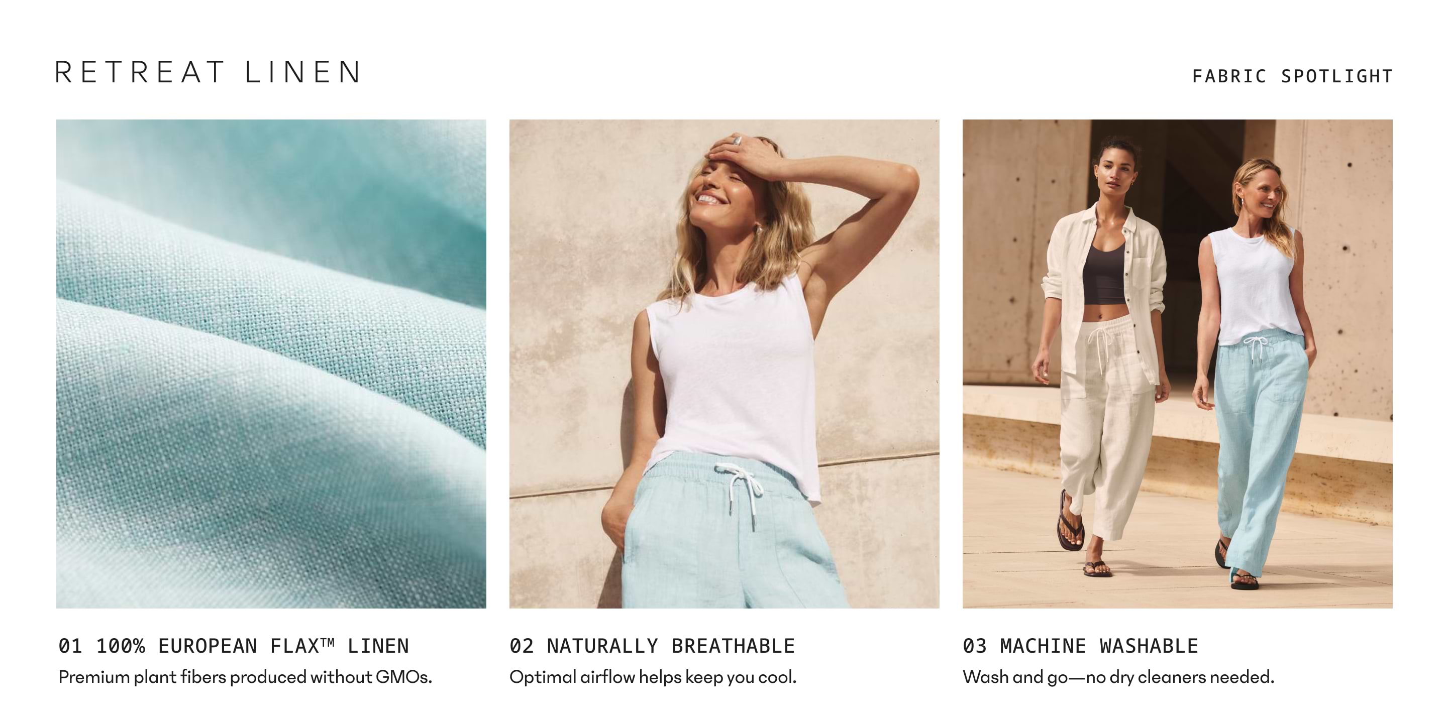 Retreat Linen promo: close-up of aqua linen fabric, a person in a white tank with blue linen pants, and two people walking in linen outfits; 100% flax, breathable, machine-washable.