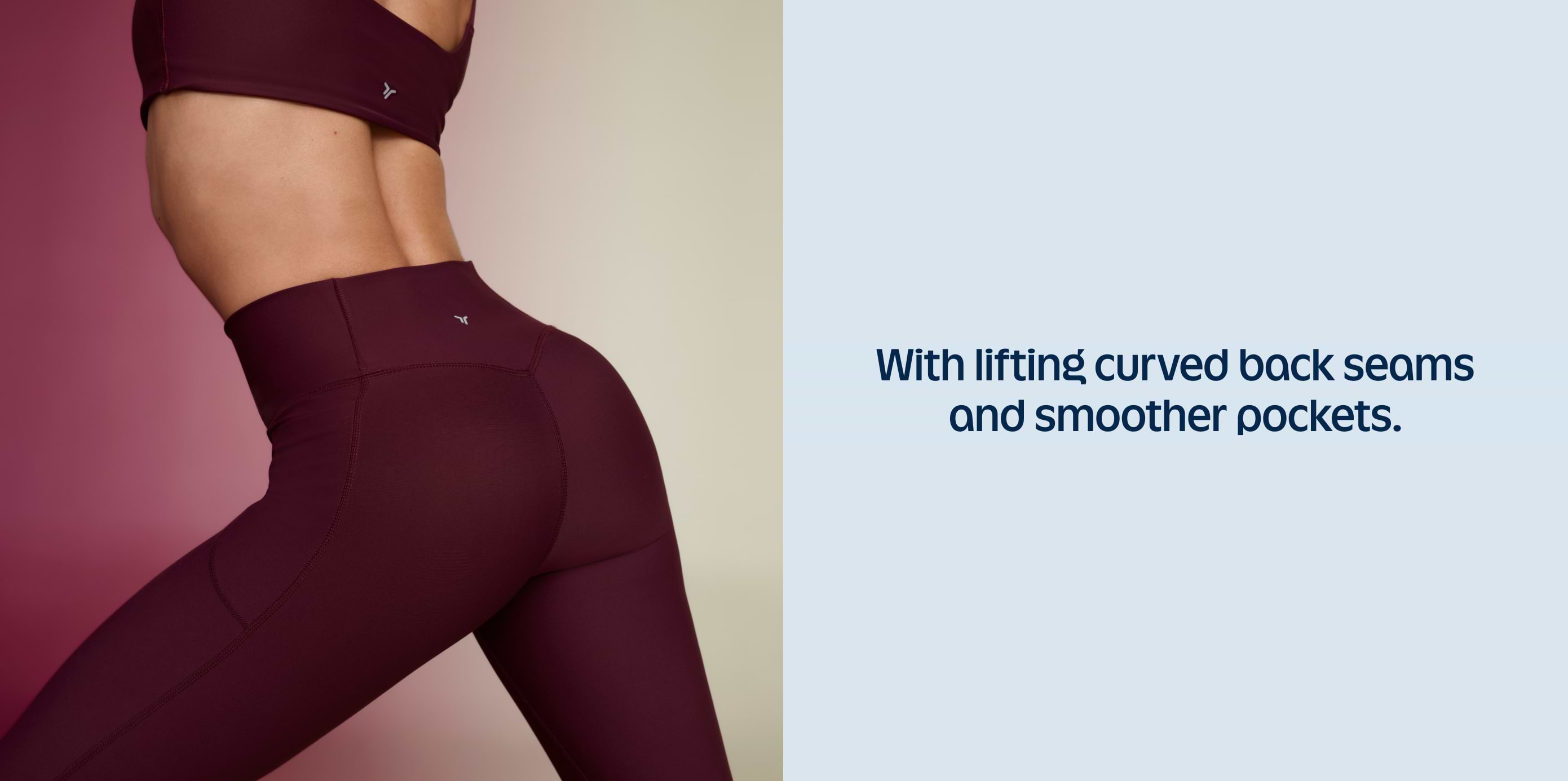Close-up of maroon high-waisted leggings with curved back seams and smoother pockets.