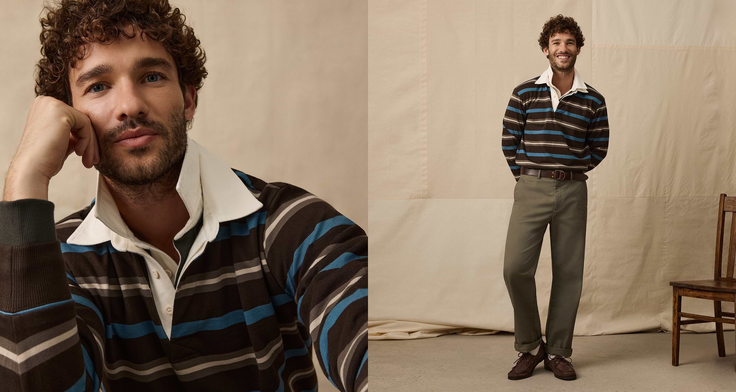Split image: close-up and full-body of a curly‑haired model in a brown, blue, and gray striped rugby shirt with white collar, olive pants, and brown shoes, smiling against a beige backdrop.