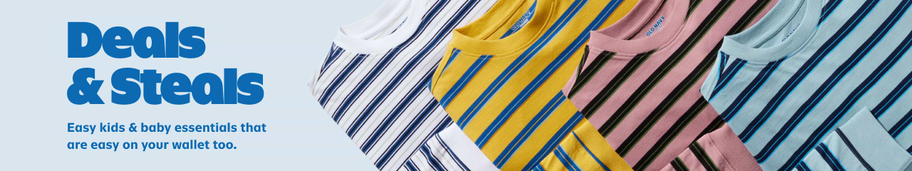 “Deals & Steals on kids and baby essentials; striped tees in white, yellow, pink, and blue.”