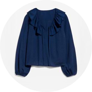Navy long-sleeve blouse with a ruffled V-neck collar and elastic cuffed sleeves.