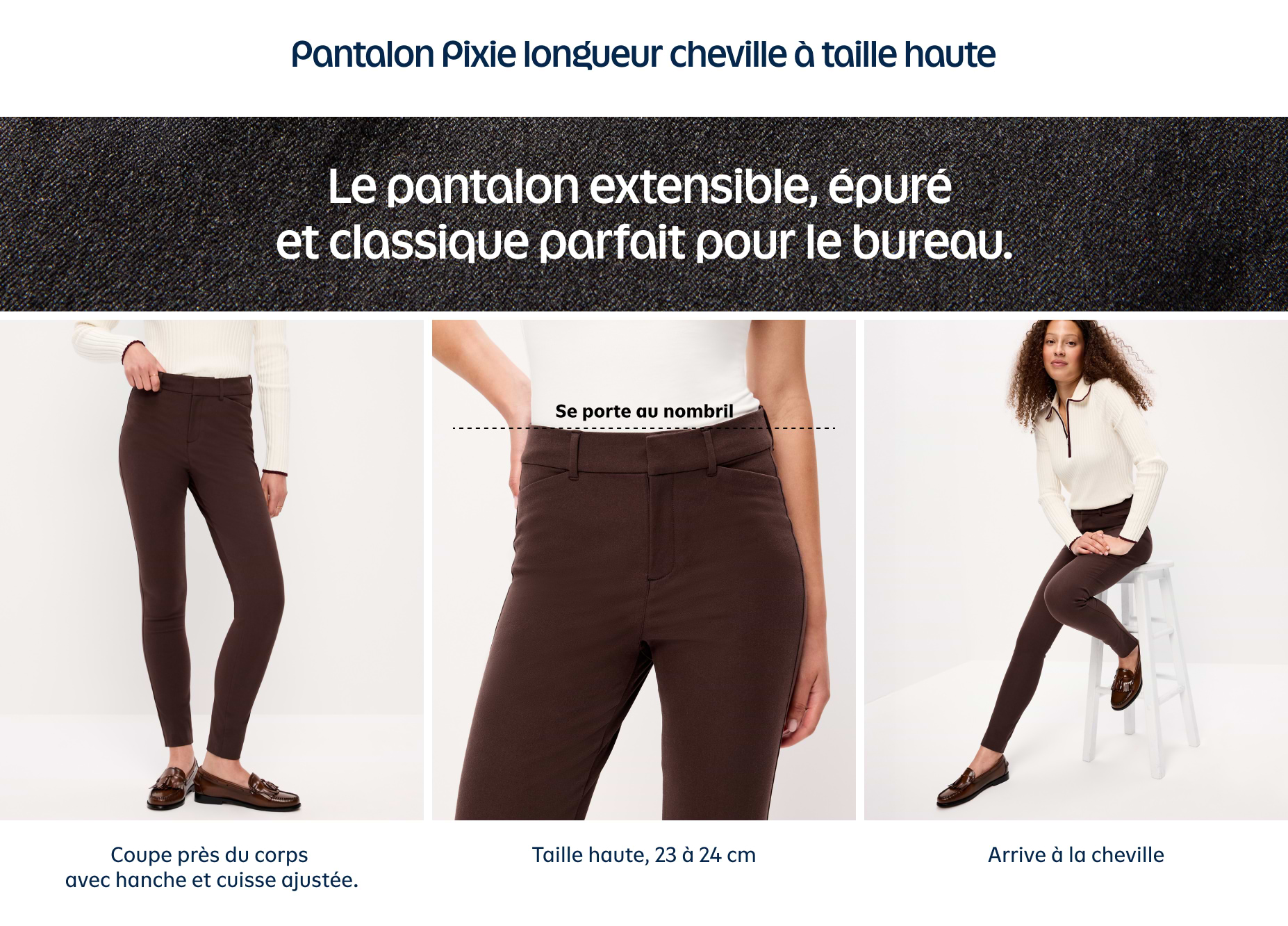 Pantalon brun stretch à taille haute, coupe ajustée, longueur cheville, montré sur une personne.