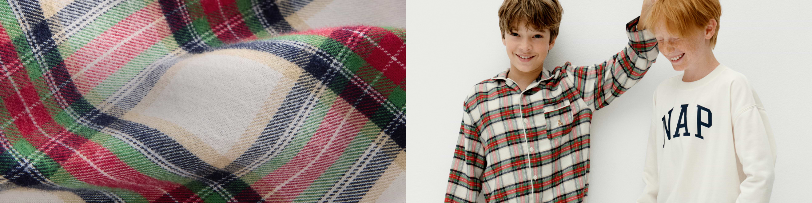 Split image: close-up of red, green, navy plaid fabric; next to it, two smiling kids—one in a plaid button-down shirt and the other in a cream sweatshirt with bold lettering.