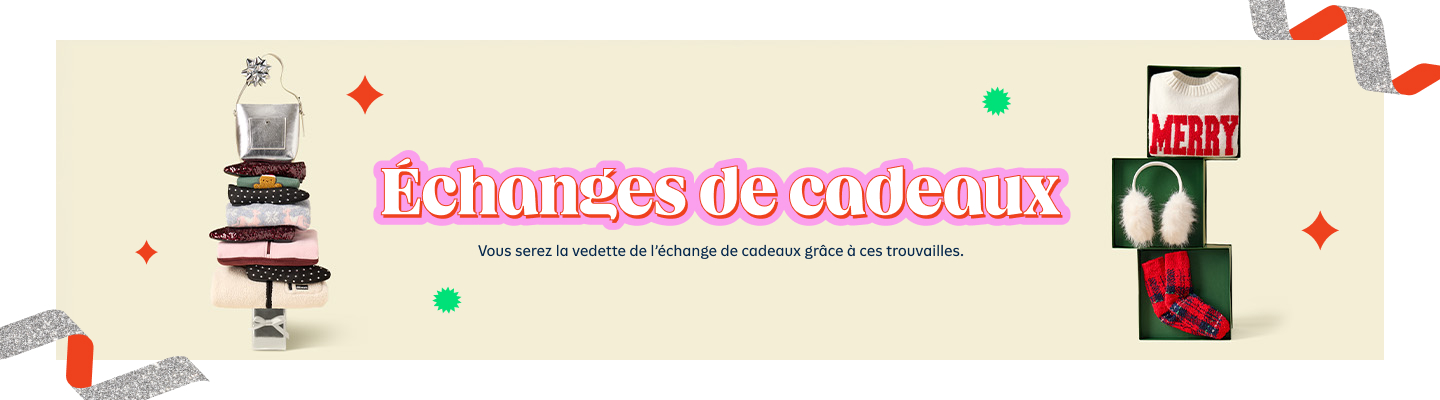 Échanges de cadeaux banner: stacked clothing shaped like a tree, with gift boxes showing a “MERRY” sweater, fluffy earmuffs, and red knit socks.