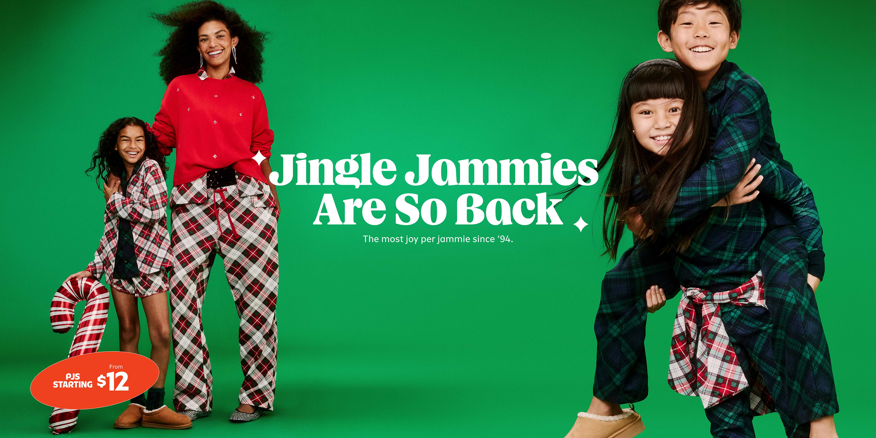 Group of kids and adults in matching plaid holiday pajamas on a green background; headline reads “Jingle Jammies Are So Back” with “PJs starting from $12.”