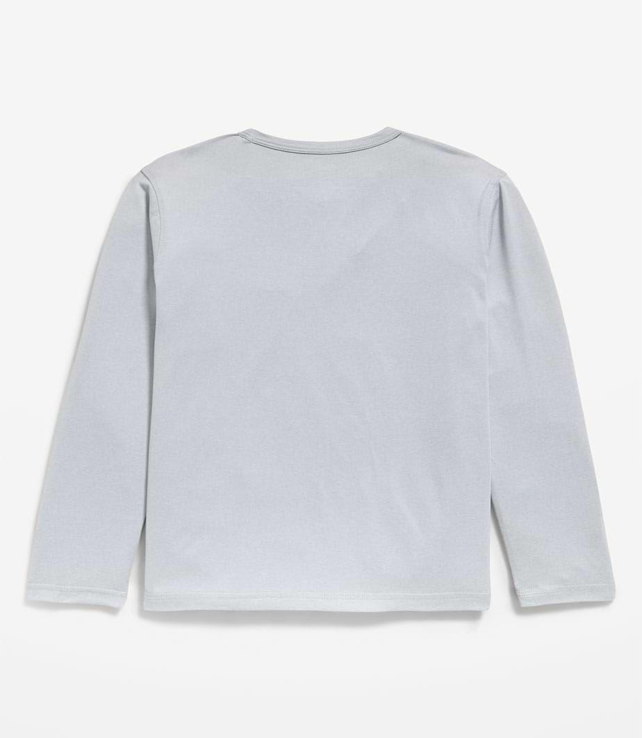Back view of a plain light gray long-sleeve crewneck T-shirt.