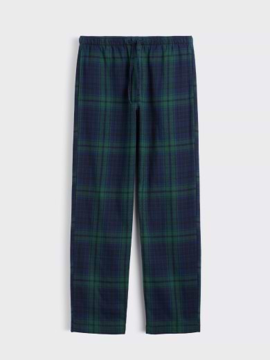 Navy and green tartan plaid lounge pants with an elastic waistband, full length.
