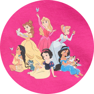 Six Disney princesses—Belle, Aurora, Cinderella, Pocahontas, Snow White, and Jasmine—on a pink background with birds and animal friends.