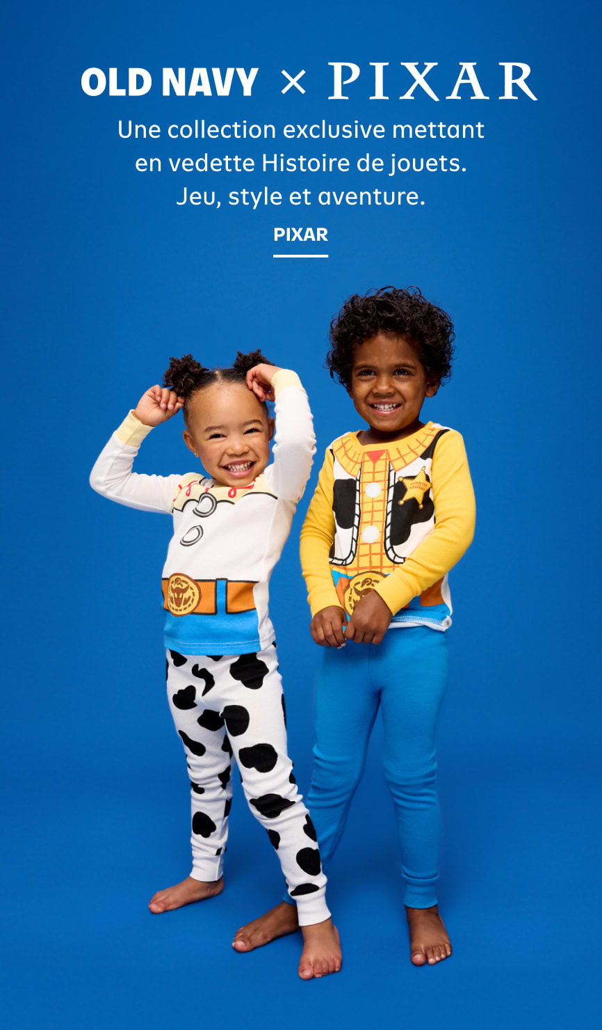 Old Navy × Pixar. Une collection exclusive mettant en vedette Histoire de jouets. Jeu, style et aventure. Pixar.