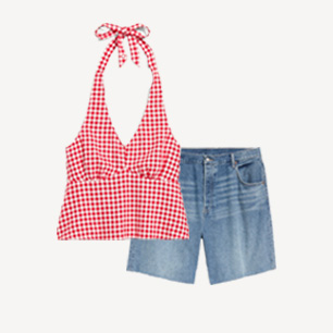 Image of summer outfit set halter top and denim shorts.